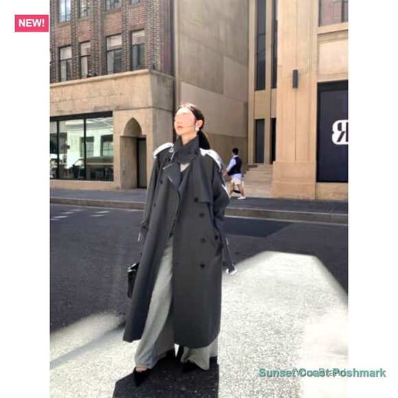 Polyester Double Breasted Trench Coat with Belt, Windproof Waterproof - Picture 2 of 5